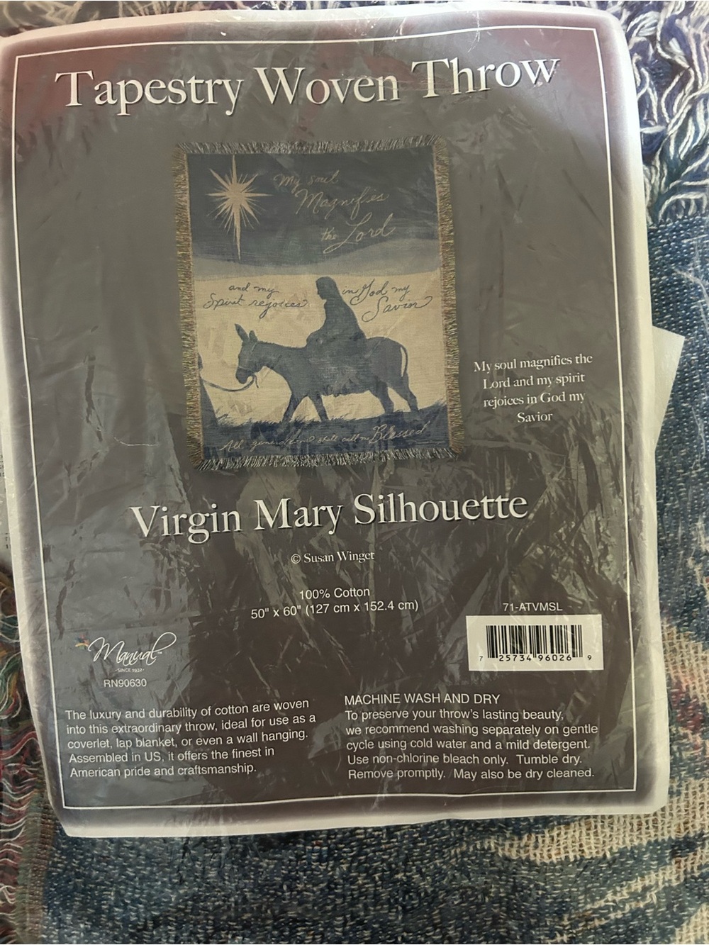 Virgin Mary Silhouette Tapestry Woven Throw - Blue/Brown Throw Blanket 50”x 60”
